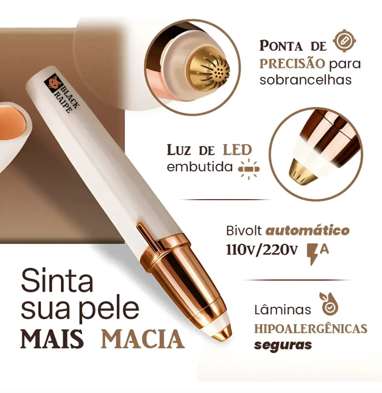 Caneta Depiladora DermaVitta — ponta de precisão LED, bivolt, lâminas hipoalergênicas